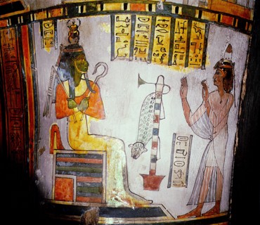 Detail from a coffin: the deceased pleading before Osiris