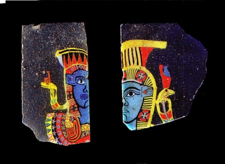 Glass fragments, two half faces of the goddess Hathor