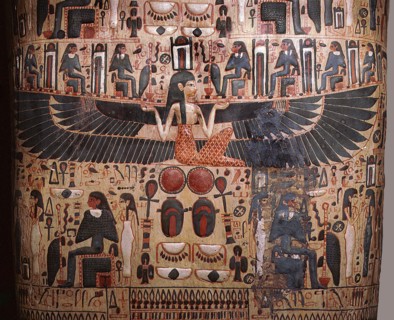 Detail from a coffin depicting the goddess Nut spreading her wings in protection over the deceased