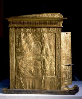 The little golden shrine of Tutankhamun containing the pedestal with the kings nomen and prenomen