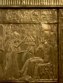 A detail of the gilt shrine of Tutankhamun which originally contained statuettes of the royal couple