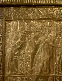 A detail of the gilt shrine of Tutankhamun which originally contained statuettes of the royal couple