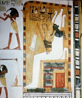 A detail of wall painting in the tomb of Menna showing the judgement of Osiris who appears in his green form as god of fertility