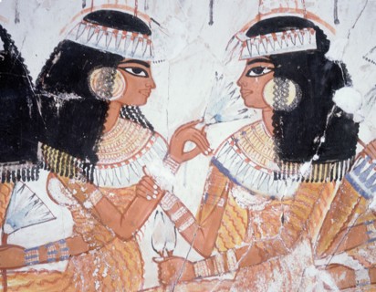 A detail of a wall painting from the tomb of Nebamun depicting women guests at a banquet
