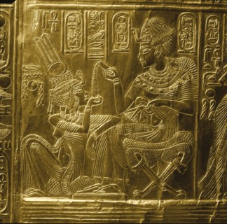 A detail of the gilt shrine of Tutankhamun which originally contained statuettes of the royal couple