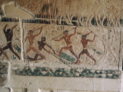 A relief in the tomb of Kagemni men in reed boats engaged in a mock fight with punting poles