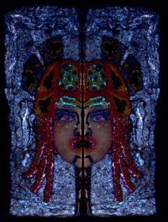 Glass fragment, a hetaira ( courtesan ) theatrical half mask