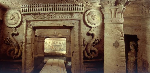The extensive complex of burial chambers at Kom el Shuqafa, combining Greek and Egyptian design elements