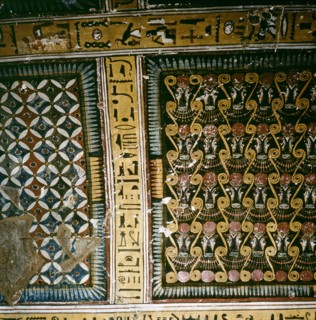 Detail of the geometrical patterns and Hathor heads covering the ceiling of the tomb of Inherkha