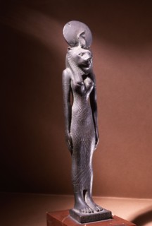 Bronze figure of the lion headed goddess Sekhmet with sun disc and uraeus