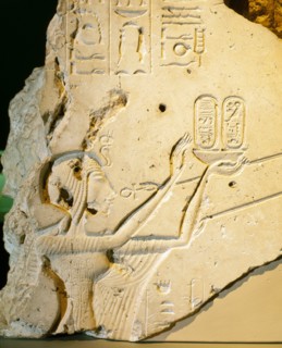 A detail of a relief showing Nefertiti worshipping the Aten