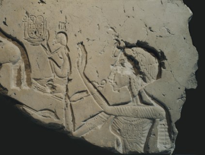 A detail of a relief showing Nefertiti worshipping the Aten