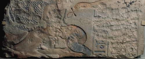 Relief showing Nefertiti kissing her daughter, perhaps Merytaten, under the rays of the Aten