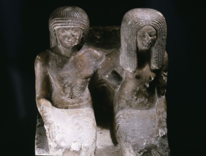 Pair statue of the fan bearer Mery and his wife Saty, incribed as an offering to Horus at Edfu