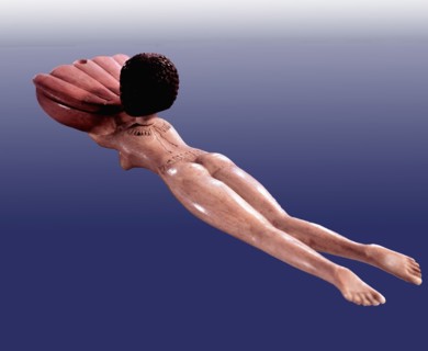 A cosmetic box for storing ointment in the form of a naked female swimmer, probably representing the sky goddess Nut, carrying a pink lotus flower