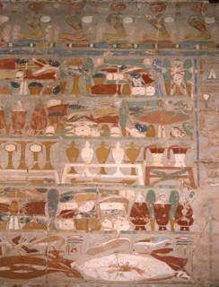 A wall painting in the Chapel of Anubis at the temple of Hatshepsut depicting offerings
