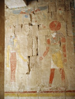 A detail of a painted relief in a private tomb depicting the sun god Ra