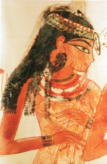 A detail of a painting from the tomb of Nakht depicting three female musicians