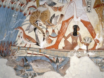 A detail of a painting from the tomb of Nebamun showing him standing on a reed boat hunting birds in the papyrus marshes using throwsticks and three decoy herons