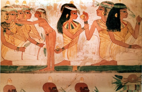A detail of a painting from the tomb of Nakht depicting three ladies at a feast