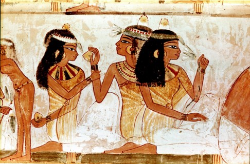 A detail of a painting from the tomb of Nakht depicting three ladies at a feast