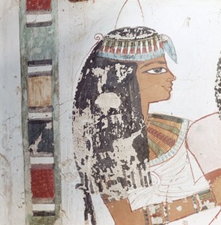 A detail of a painting in a private tomb depicting a woman wearing a wig and a headband