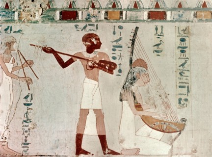 A detail of a wall painting in the tomb of Zeserkaresonb depicting a man and women playing string instruments