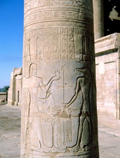 Detail from one of the pillars in the forecourt of Kom Ombo, the temple dedicated to the gods Sebek and Haroeris Horus the Elder