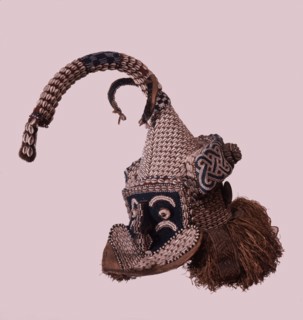 A helmet mask known as Mwaash a Mboy, one of three characters in a play retelling the myth of Bushoong royal origins, performed at major funerals, royal ceremonies and initiations