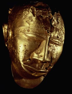 A gold head, probably attached to the royal stool, perhaps the golden stool, symbol of the Ashanti emperor