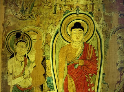 Detail of an embroidered silk banner of the Buddha Sakyamuni preaching on Vulture Peak