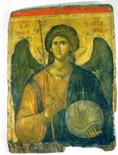 An icon with the image of the Archangel St Michael holding a staff and a globe surmounted by the Cross