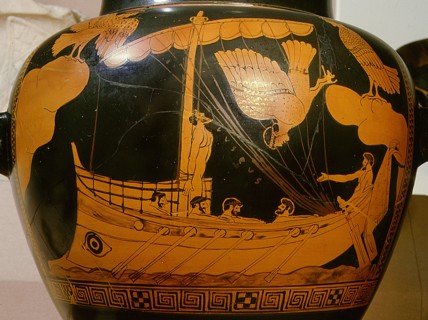 Stamnos (vase) depicting Odysseus tied to the mast listening to the songs of the Sirens