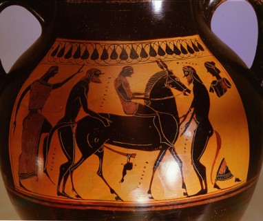 Detail of the black figured Athenian amphora with the scene from the cult of Dionysus
