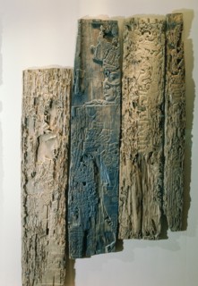 A carved wood lintel from Temple IV at Tikal, collected in 1877 by the explorer Gustav Bernoulli