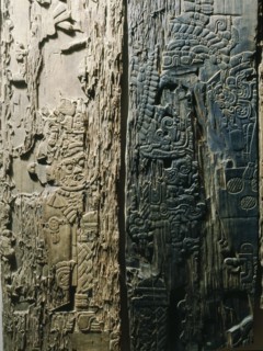 Detail of a carved wood lintel from Temple IV at Tikal, collected in 1877 by the explorer Gustav Bernoulli