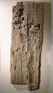 A carved wood lintel from Temple IV at Tikal, collected in 1877 by the explorer Gustav Bernoulli