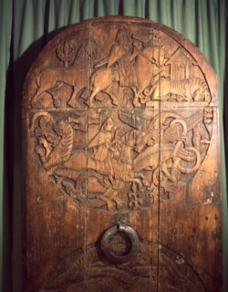 Upper roundel of the carved church door from the Valthyofsstadir