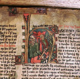 Illumination from the Icelandic manuscript Flateyjarbok which shows King Harold Fine Hair cutting the fetters from the giant Dofri who was to become his foster father in folklore