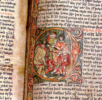 This marginal illumination from the Saga of Saint Olaf shows his death at the battle of Stiklestad in 1030