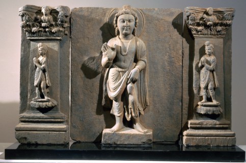 Frieze with depiction of the Reassuring Maitreya flanked by two donors