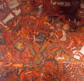 Detail of a wall painting in the Rajahs palace, Cochin, which illustrates scenes from the Ramayana