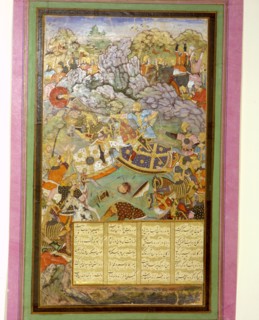 Miniature painting depicting Tambal attacking his cousin Babur, while their armies battle in a rocky landscape