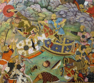 Miniature painting depicting Tambal attacking his cousin Babur, while their armies battle in a rocky landscape