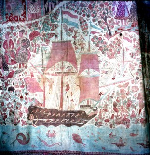 Picture of a Dutch sailing ship, on the shore of a sea full of fish and crabs