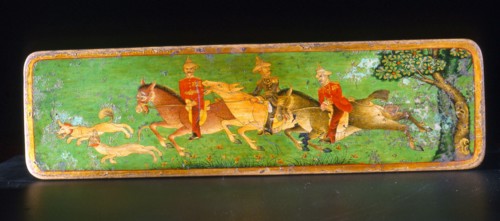 Indian writing set with painted cover depicting Colonel Younghusband on horseback, accompanied by a staff officer and interpreter