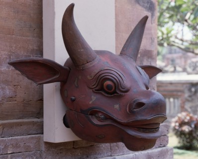 A buffalo head variant of the Barong dance mask