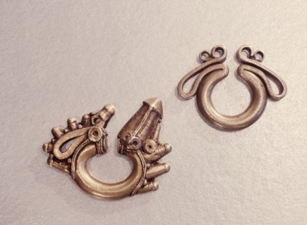 Lost wax cast brass earrings, probably presented to a bride by the grooms family as part of ceremonial gift exchange at weddings