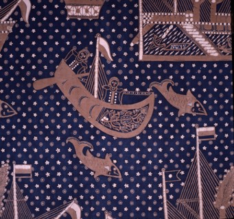 A batik with a design of Portuguese in dug out canoes, steamships and sea creatures