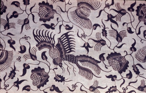 Detail of a silk batik slendang (shawl) with a design of birds and flowers in a pattern known as Morning Freshness used for slendang intended as wedding gifts
